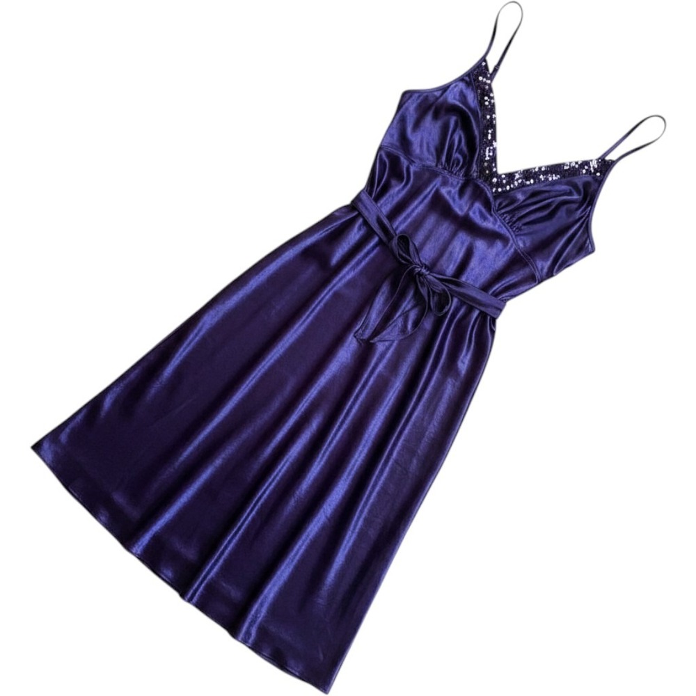 Shadowline Sleep Gown Womens 2X Purple Satin Sleeveless Belted Chemise Nightgown